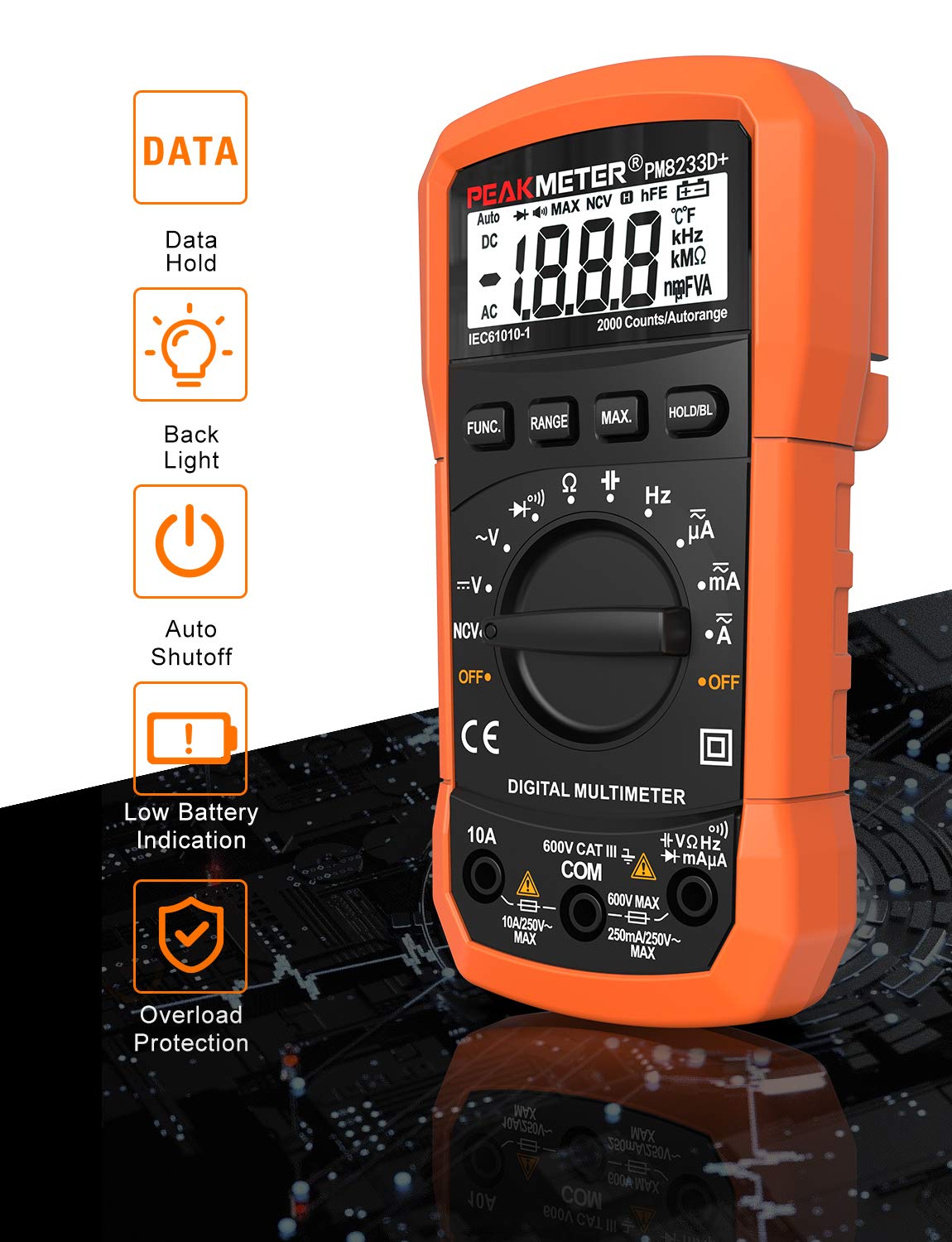 Auto-Ranging Digital Multimeter, AC/DC Amp Ohm Voltage Test Meter with Resistance, Continuity, Capacitance, Frequency and Diode Test; Multi Tester with Backlit Display, Data Hold and NCV