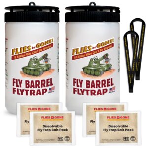 flies be gone outdoor fly traps 2-pack reusable – with 2 dissolvable fly attractant refill packets & 2 suspension strap - best non-toxic fly catcher for your patios, home and commercial use