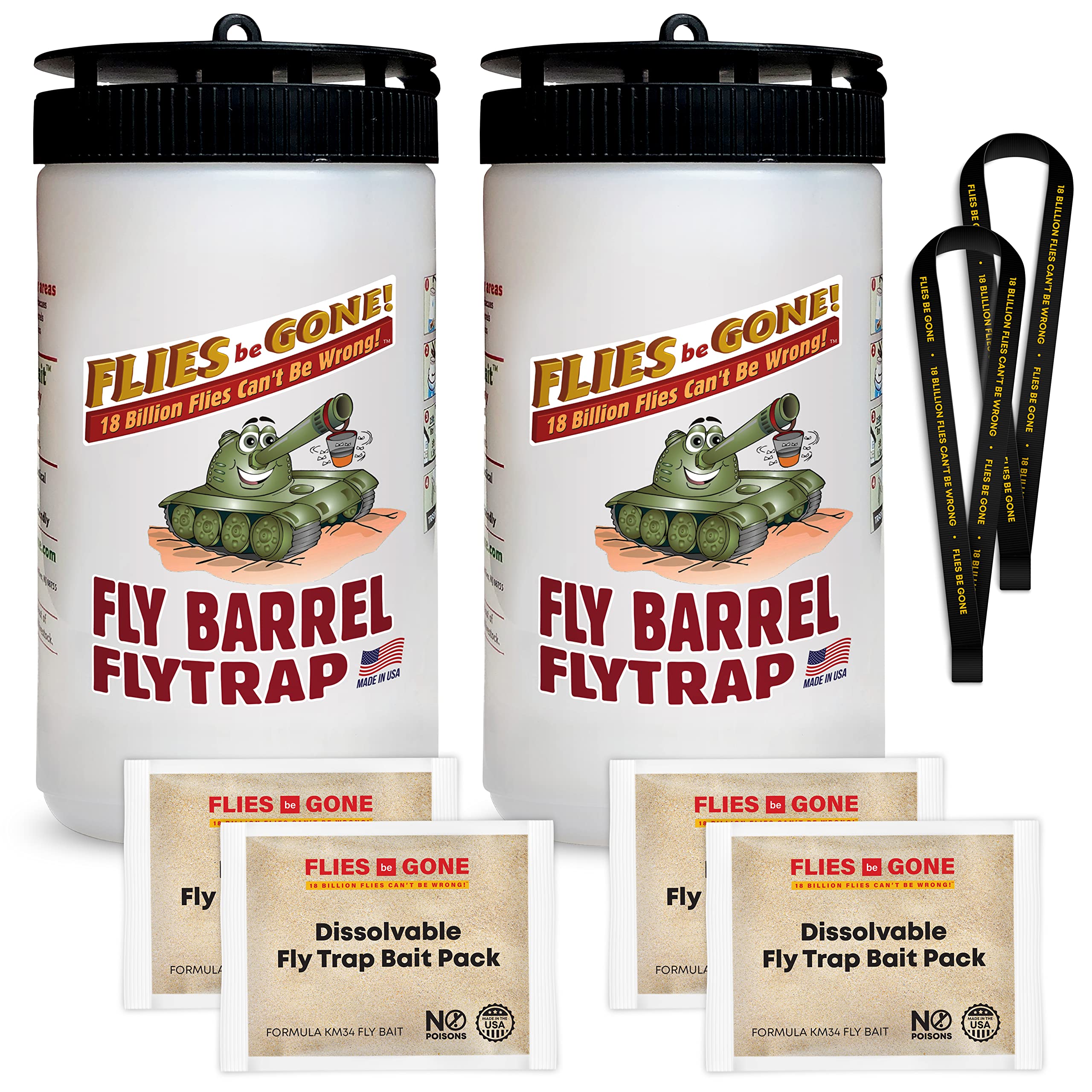 Flies Be Gone Outdoor Fly Traps 2-Pack Reusable – with 2 Dissolvable Fly Attractant Refill Packets & 2 Suspension Strap - Best Non-Toxic Fly Catcher for Your patios, Home and Commercial Use