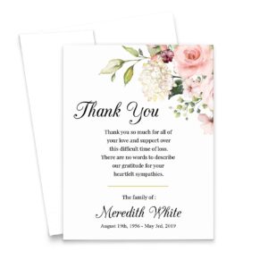 floral thank you cards for funeral thank you notecard, celebration of life elegant notes, pink floral funeral thank you stationery, your choice of quantity and envelope color