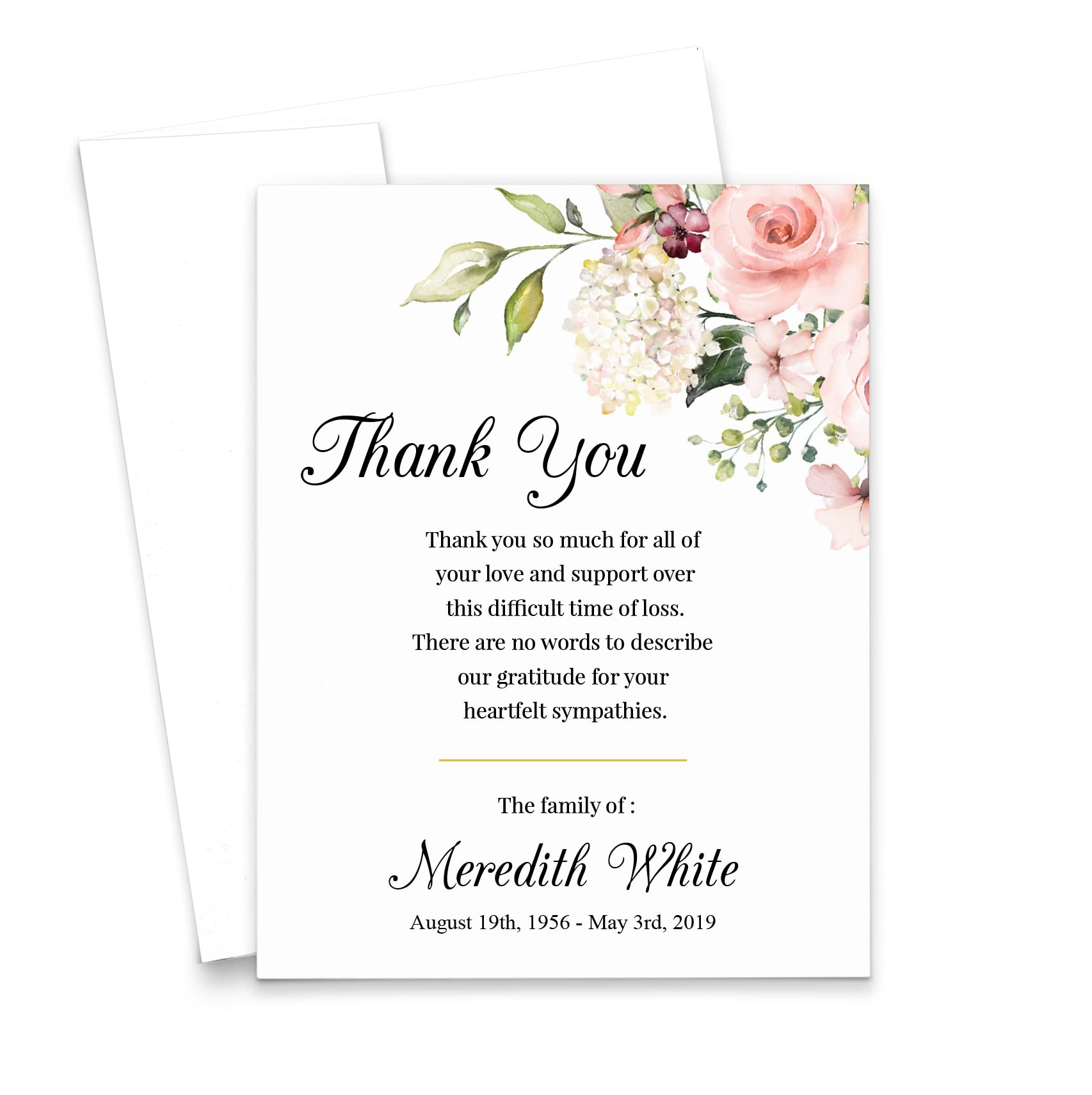 Floral Thank You Cards for Funeral Thank You Notecard, Celebration of life Elegant Notes, Pink Floral Funeral Thank You Stationery, Your Choice of Quantity and Envelope Color