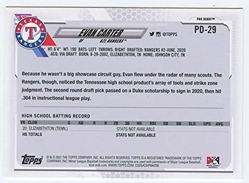 2021 Topps Pro Debut #PD-29 Evan Carter AZL Rangers RC Rookie Baseball Trading Card