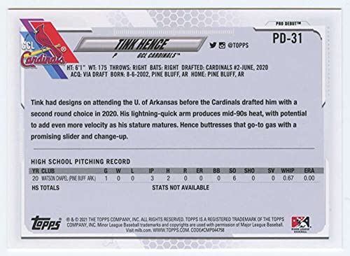 2021 Topps Pro Debut #PD-31 Tink Hence GCL Cardinals RC Rookie Baseball Trading Card