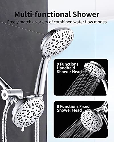 Ezelia High Pressure Shower Head Combo, 9 Settings Handheld Shower Head & Rainfall Showerhead, Premium 2-in-1 Dual Shower System with smooth 3-Way Water Diverter, Bathtub Systems,1.75GPM