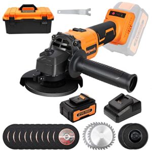 heywork 21v cordless grinder kit,4" blade,10000 rpm brushless motor cordless angle grinder,4ah lithium ion battery grinder & quick- charger,2-position handle,cutting and grinding wheels