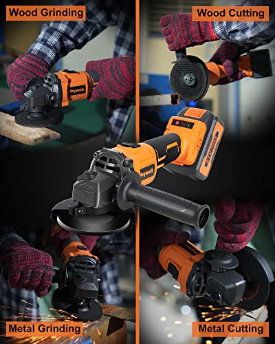 Heywork 21V Cordless Grinder Kit,4" Blade,10000 RPM Brushless Motor Cordless Angle Grinder,4Ah Lithium Ion Battery Grinder & Quick- Charger,2-Position Handle,Cutting and Grinding Wheels