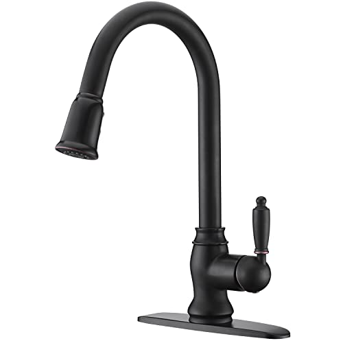 Kitchen Faucet with Pull Down Sprayer Oil Rubbed Bronze, SonTiy High Arc Single Handle Kitchen Sink Faucets with Deck Plate, Commercial Pull Out Faucets for Kitchen Sink, Solid Brass