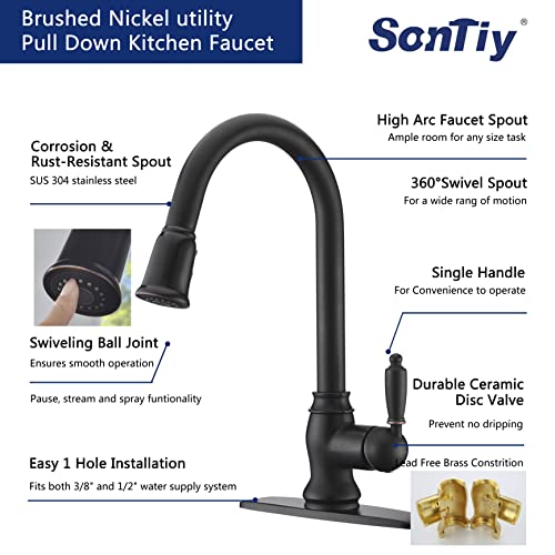 Kitchen Faucet with Pull Down Sprayer Oil Rubbed Bronze, SonTiy High Arc Single Handle Kitchen Sink Faucets with Deck Plate, Commercial Pull Out Faucets for Kitchen Sink, Solid Brass