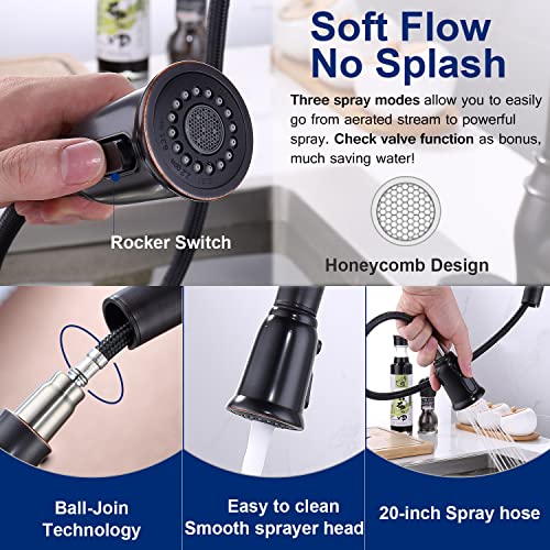 Kitchen Faucet with Pull Down Sprayer Oil Rubbed Bronze, SonTiy High Arc Single Handle Kitchen Sink Faucets with Deck Plate, Commercial Pull Out Faucets for Kitchen Sink, Solid Brass