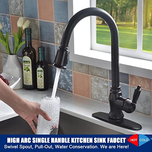 Kitchen Faucet with Pull Down Sprayer Oil Rubbed Bronze, SonTiy High Arc Single Handle Kitchen Sink Faucets with Deck Plate, Commercial Pull Out Faucets for Kitchen Sink, Solid Brass