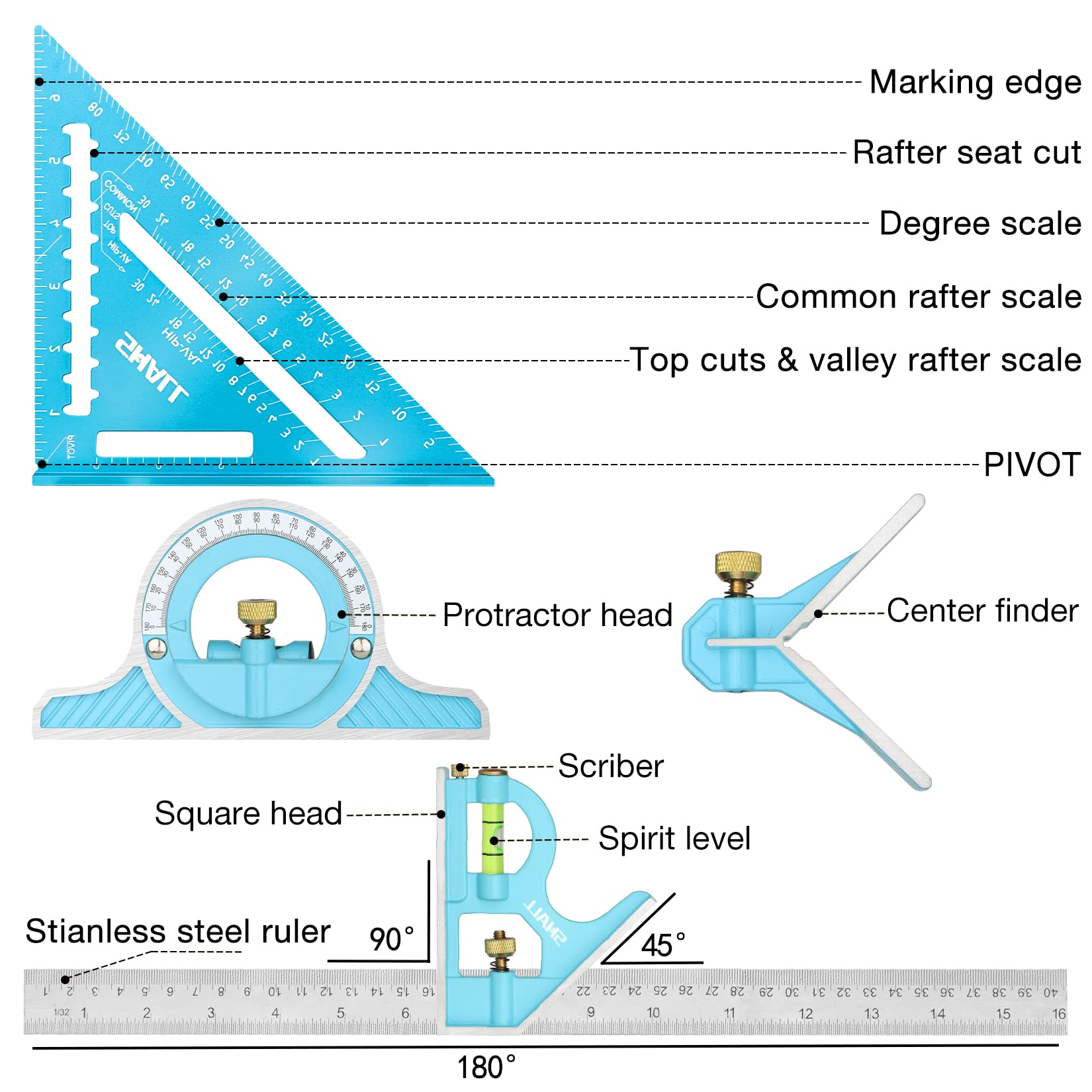 SHALL Rafter Square & Combination Square Tool Set, 7 Inch Aluminium-Alloy Carpenter Square & 16 Inch Zinc-Alloy Woodworking Framing Square Combo w/Stainless Steel Ruler, 2 Carpentry Pencils, Scriber