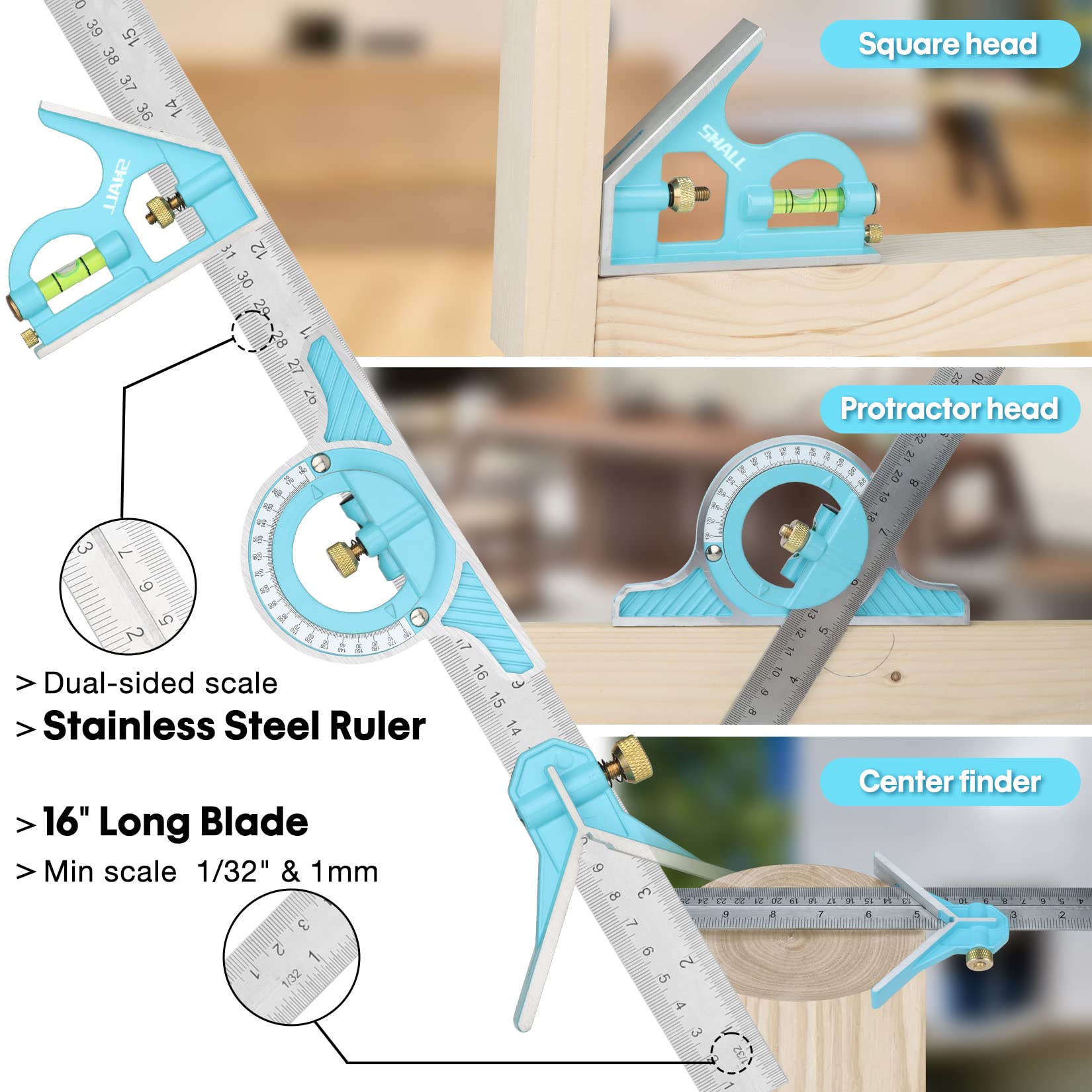 SHALL Rafter Square & Combination Square Tool Set, 7 Inch Aluminium-Alloy Carpenter Square & 16 Inch Zinc-Alloy Woodworking Framing Square Combo w/Stainless Steel Ruler, 2 Carpentry Pencils, Scriber