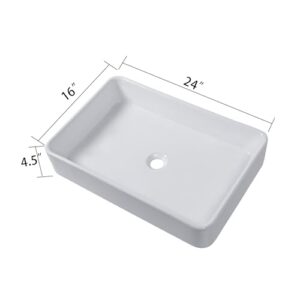 Bathroom Vessel Sink Rectangular - IOROYO 24"x16" Modern Rectangle Vessel Sink Above Counter White Ceramic Porcelain Bathroom Guestroom Lavatory Vanity Vessel Sinks Art Basin