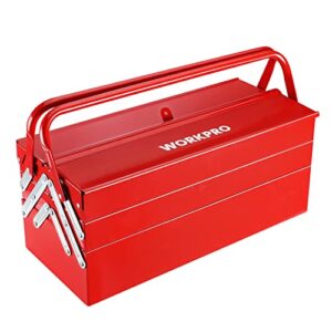 workpro metal tool box, 18-inch cantilever folding red storage box, 3-layer 5-tray multi-function tool organizer, red