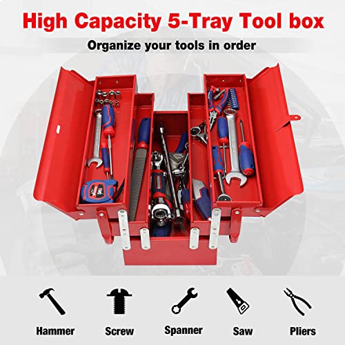 WORKPRO Metal Tool Box, 18-inch Cantilever Folding Red Storage Box, 3-Layer 5-Tray Multi-Function Tool Organizer, Red