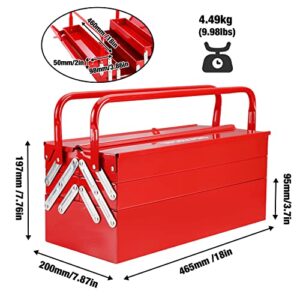 WORKPRO Metal Tool Box, 18-inch Cantilever Folding Red Storage Box, 3-Layer 5-Tray Multi-Function Tool Organizer, Red