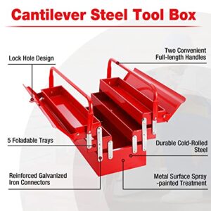 WORKPRO Metal Tool Box, 18-inch Cantilever Folding Red Storage Box, 3-Layer 5-Tray Multi-Function Tool Organizer, Red