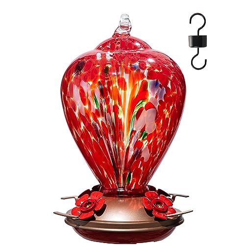 LaElvish Garden Gifts for Mom Mothers Day Hummingbird Feeder, 34OZ Hand Blown Glass Hummingbird Feeders for Outdoors Hanging, Porch Backyard Decor Gifts for Women (Floral Balloon)