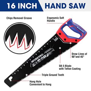 WORKPRO Hand Saw, 16-Inch Universal Handsaw with Non-Slip Comfortable Handle, Anti-rust Wood Saw With Chip Removal Design, Heavy-Duty Hand Saw for Cutting Wood, Laminate, PVC