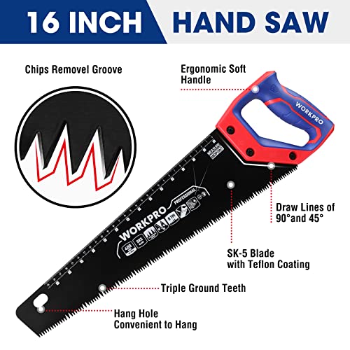 WORKPRO Hand Saw, 16-Inch Universal Handsaw with Non-Slip Comfortable Handle, Anti-rust Wood Saw With Chip Removal Design, Heavy-Duty Hand Saw for Cutting Wood, Laminate, PVC