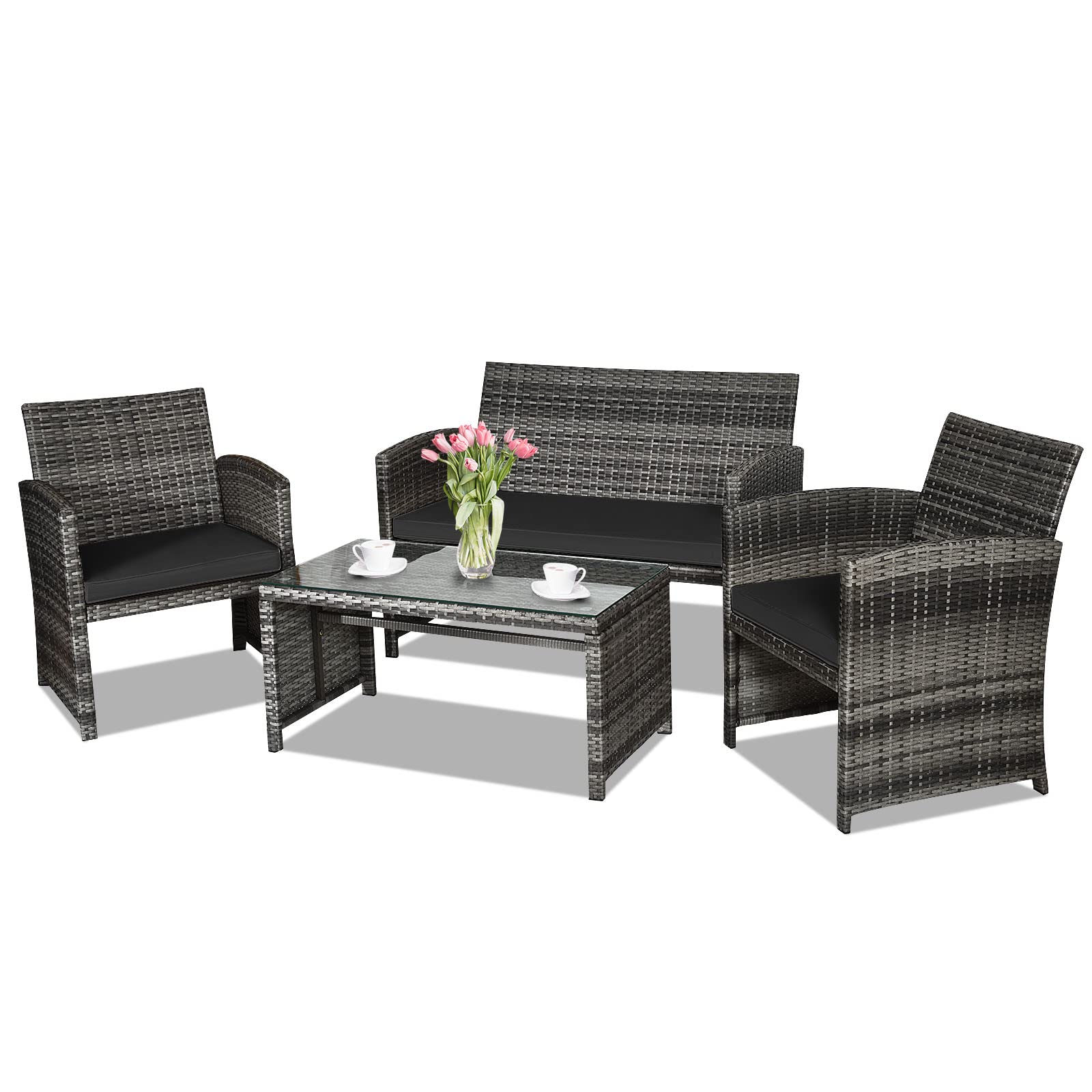 Goplus 4-Piece Rattan Patio Furniture Set, Outdoor Wicker Conversation Sofa with Weather Resistant Cushions and Tempered Glass Tabletop for Lawn Backyard Pool Garden (Black)