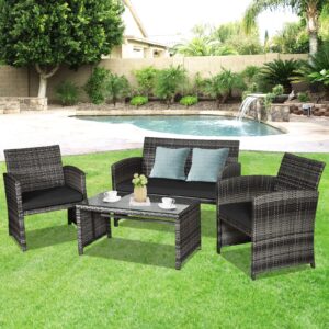 Goplus 4-Piece Rattan Patio Furniture Set, Outdoor Wicker Conversation Sofa with Weather Resistant Cushions and Tempered Glass Tabletop for Lawn Backyard Pool Garden (Black)