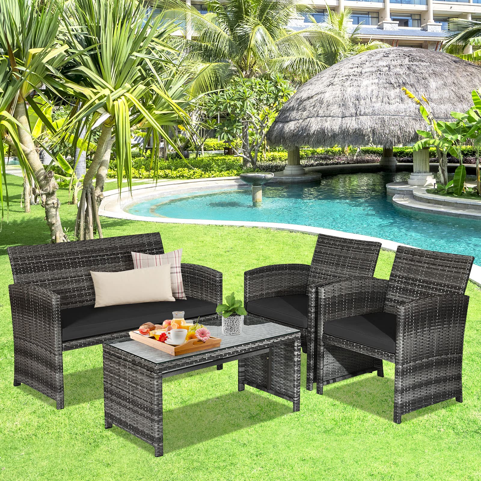 Goplus 4-Piece Rattan Patio Furniture Set, Outdoor Wicker Conversation Sofa with Weather Resistant Cushions and Tempered Glass Tabletop for Lawn Backyard Pool Garden (Black)