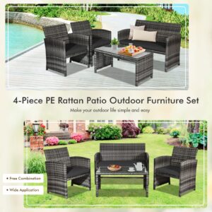 Goplus 4-Piece Rattan Patio Furniture Set, Outdoor Wicker Conversation Sofa with Weather Resistant Cushions and Tempered Glass Tabletop for Lawn Backyard Pool Garden (Black)