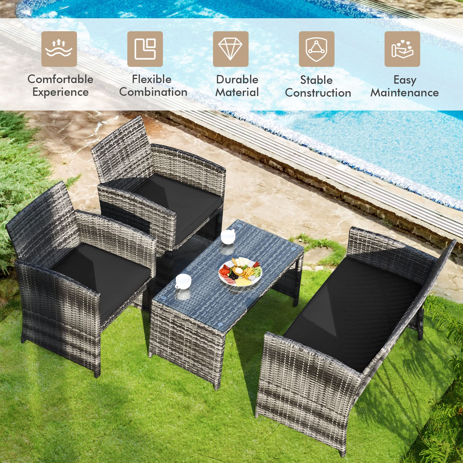 Goplus 4-Piece Rattan Patio Furniture Set, Outdoor Wicker Conversation Sofa with Weather Resistant Cushions and Tempered Glass Tabletop for Lawn Backyard Pool Garden (Black)