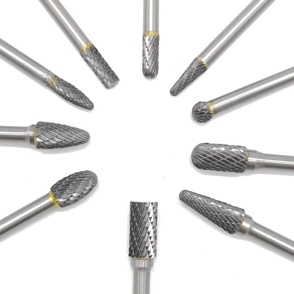 10Pcs Carbide Burrs Set 1/4" Shank, Double Cut Die Grinder Bits, Assorted Solid Tungsten Carbide Rotary Burr Set for Wood Carving Metal Working Polishing Engraving Drilling