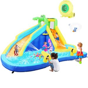dreamvan inflatable water slide park, kids bounce house with slides, climbing wall, splash pool, cannon, basketball hoop jumping castle w/air blower, hose, carry bag, repairing kit, stakes