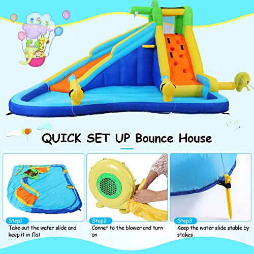 DREAMVAN Inflatable Water Slide Park, Kids Bounce House with Slides, Climbing Wall, Splash Pool, Cannon, Basketball Hoop Jumping Castle w/Air Blower, Hose, Carry Bag, Repairing Kit, Stakes