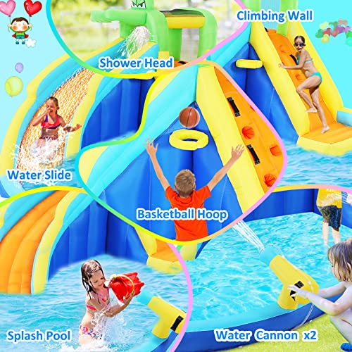 DREAMVAN Inflatable Water Slide Park, Kids Bounce House with Slides, Climbing Wall, Splash Pool, Cannon, Basketball Hoop Jumping Castle w/Air Blower, Hose, Carry Bag, Repairing Kit, Stakes