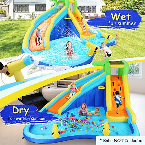 DREAMVAN Inflatable Water Slide Park, Kids Bounce House with Slides, Climbing Wall, Splash Pool, Cannon, Basketball Hoop Jumping Castle w/Air Blower, Hose, Carry Bag, Repairing Kit, Stakes