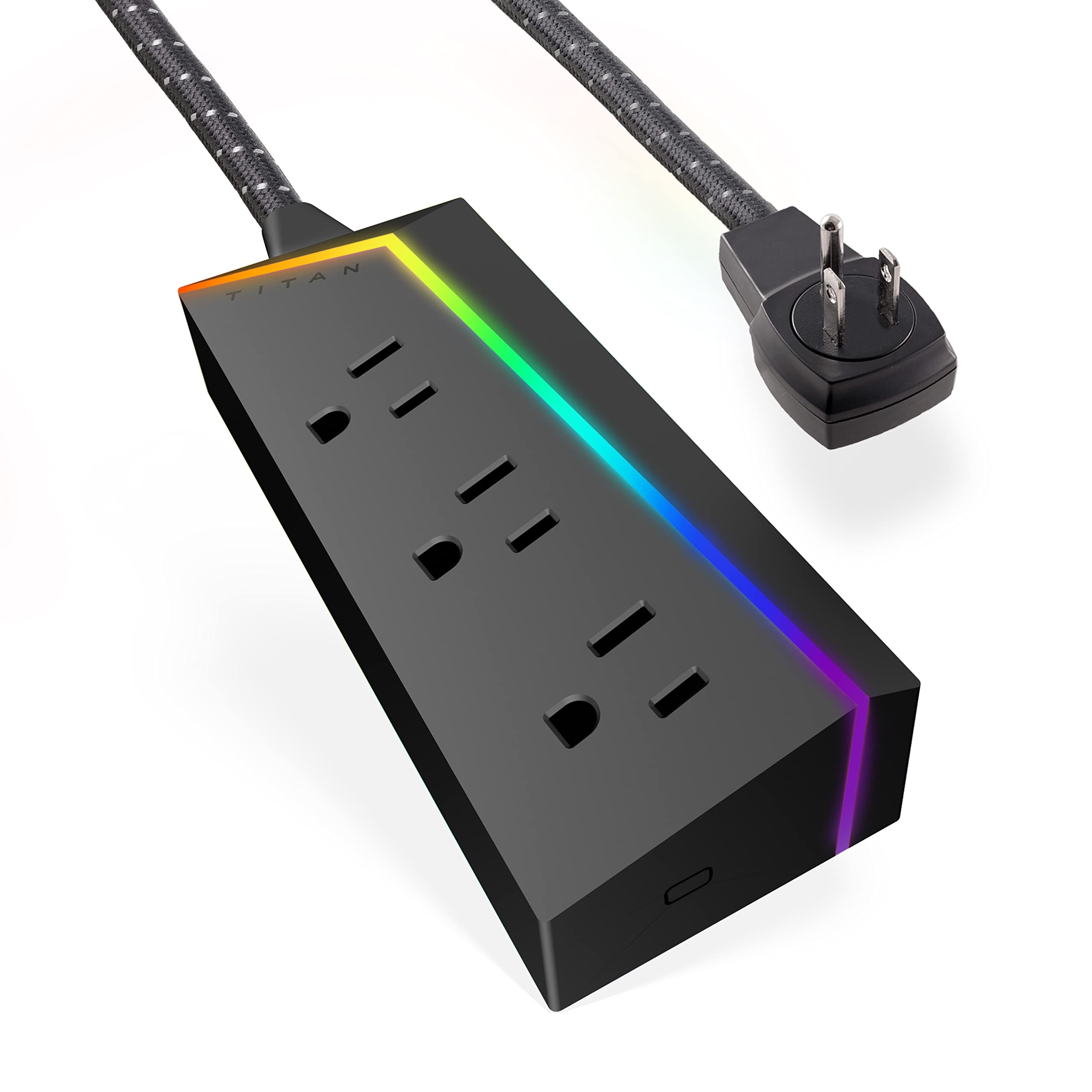 Titan 3-Outlet Power Strip, 4 ft Braided Extension Cord, LED Light Strip with Full Spectrum Color-Select, Compatible with Power Gaming PC, Laptop, Computer Setup, PS4, PS5, Xbox, Black, 60046