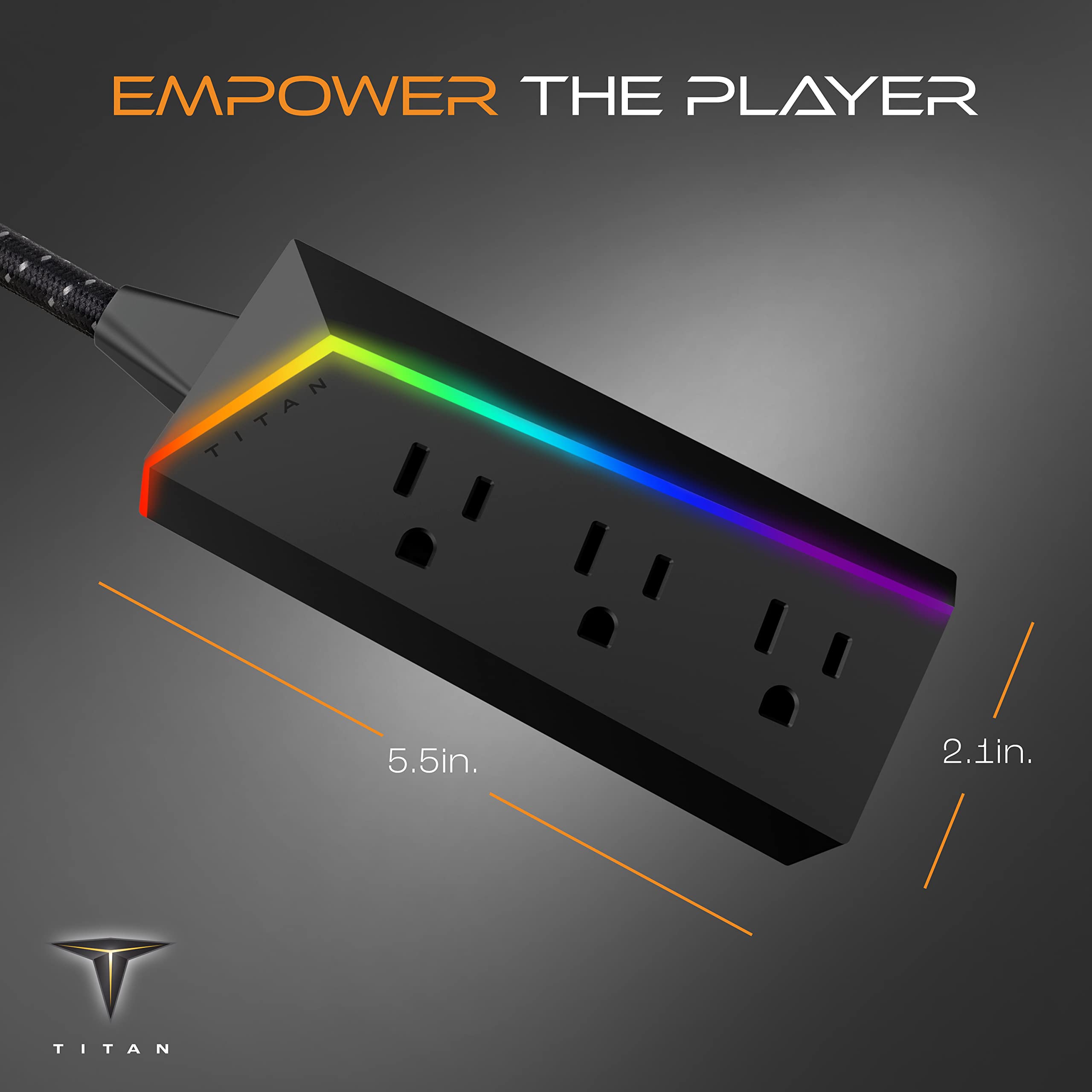Titan 3-Outlet Power Strip, 4 ft Braided Extension Cord, LED Light Strip with Full Spectrum Color-Select, Compatible with Power Gaming PC, Laptop, Computer Setup, PS4, PS5, Xbox, Black, 60046