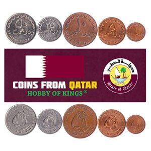 5 coins from qatar | qatari coin set collection 1 dirham 5 10 25 50 dirhams | circulated 1972-1998 | palm trees | sailing ship - dhow