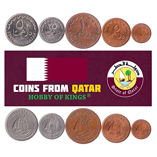 5 Coins from Qatar | Qatari Coin Set Collection 1 Dirham 5 10 25 50 Dirhams | Circulated 1972-1998 | Palm Trees | Sailing Ship - Dhow