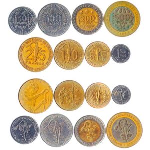 8 coins from western african states | west african coin set collection 1 5 10 25 50 100 200 500 francs | circulated 1976-2021 | nuts | gazelle | sawfish | banana | corn