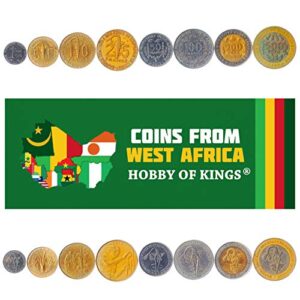 8 Coins from Western African States | West African Coin Set Collection 1 5 10 25 50 100 200 500 Francs | Circulated 1976-2021 | Nuts | Gazelle | Sawfish | Banana | Corn