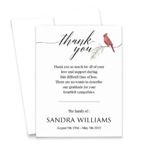 personalized memorial thank you cards cardinal funeral sympathy thank you note cards, celebration of life notecards, your choice of quantity and envelope color