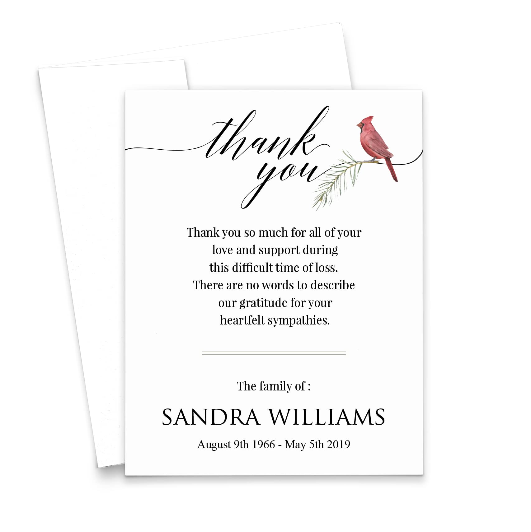 Personalized Memorial Thank You Cards Cardinal Funeral Sympathy Thank you Note Cards, Celebration of Life Notecards, Your Choice of Quantity and Envelope Color