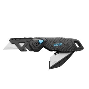 zoid 3-in-1 foldable utility knife with contoured body and trax-grip for safe and quick cutting, functions as a folding utility knife, wire stripper, and pocket clip, box cutter, cardboard cutter