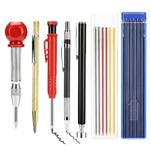 7 Pieces Mechanical Carpenter Pencils Kit with Center Punch, Magnetic Pick Up Tool, Metal Scribe Tool, 2 Pieces Solid Carpenter Pencil with Built-in Sharpener, 18 Refills, for Woodworking Father's Day