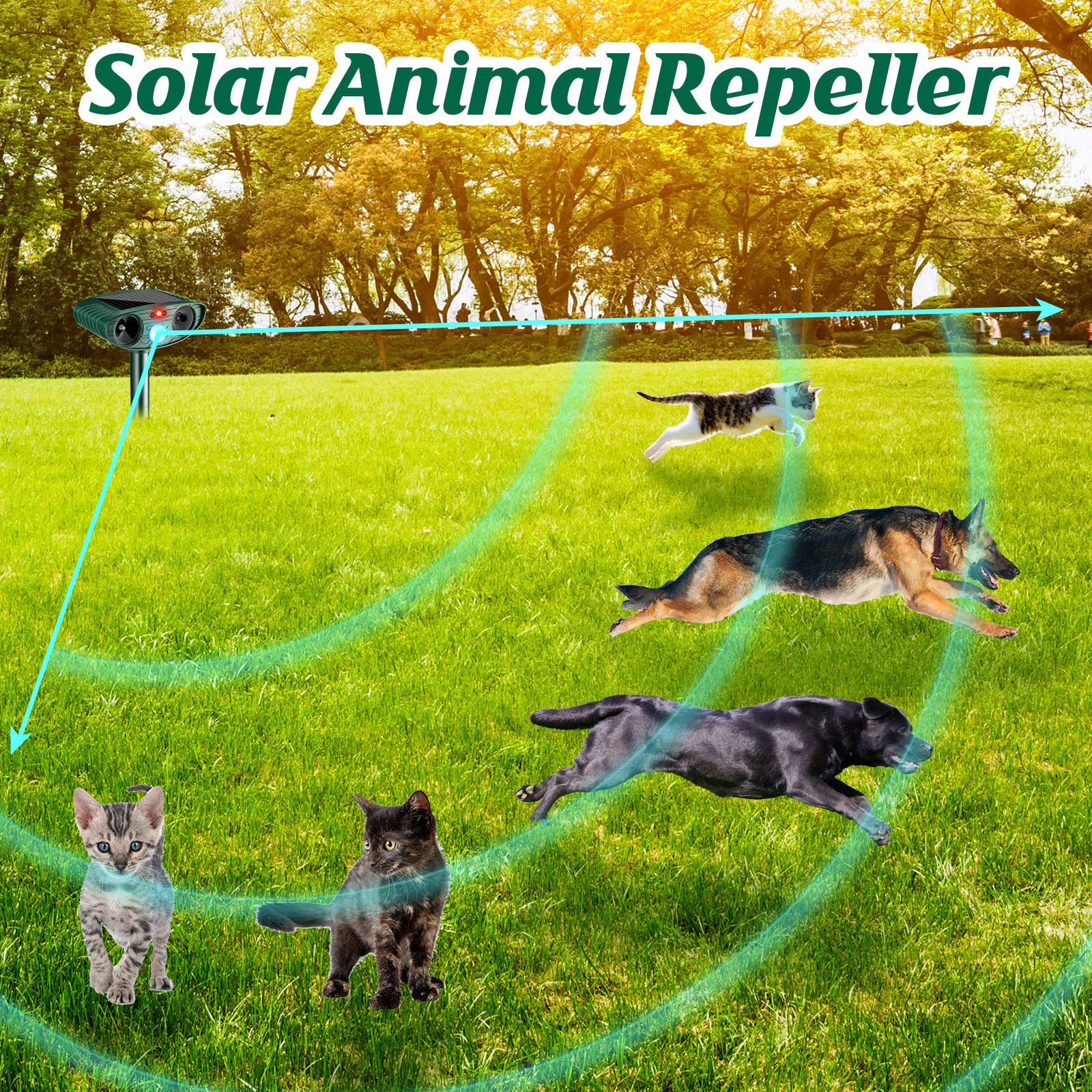 Ultrasonic Animal Repellent Solar Powered Pest Repeller Motion Activated Cat Dog Deterrent Waterproof with Motion Sensor for Squirrels Raccoon Rabbit Fox, Garden Yard Farm (Green, 2 Pieces)