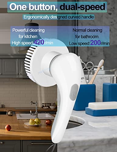 Electric Spin Scrubber,Electric Cleaning Brush,Two-Speed Cordless Curved Handle Cleaning Scrubber,IPX7 Waterproof Short Handle Power Scrubber,Household Motorized Brush for Cleaning Bathroom, Kitchen