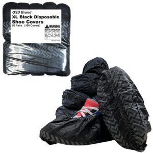 gsd brand 100 pack extra large black disposable non-slip boot & shoe covers. water resistant indoor use premium durable booties with non skid treads. fits us men's size 14 and women's 16 shoe size