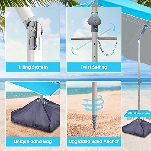 wikiwiki 7FT Beach Umbrella with Table & Sand Bags, Portable SPF60+ Protection Sunshade Umbrella with Sand Anchor, Sand Bags, Cup Holder, Carry Bag for Outdoor Patio Sand Beach (Ocrean Blue)