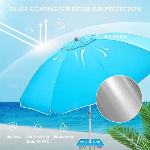 wikiwiki 7FT Beach Umbrella with Table & Sand Bags, Portable SPF60+ Protection Sunshade Umbrella with Sand Anchor, Sand Bags, Cup Holder, Carry Bag for Outdoor Patio Sand Beach (Ocrean Blue)