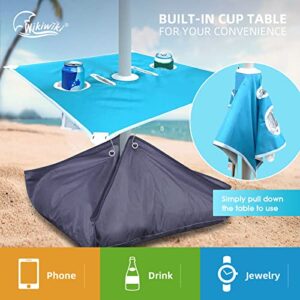 wikiwiki 7FT Beach Umbrella with Table & Sand Bags, Portable SPF60+ Protection Sunshade Umbrella with Sand Anchor, Sand Bags, Cup Holder, Carry Bag for Outdoor Patio Sand Beach (Ocrean Blue)